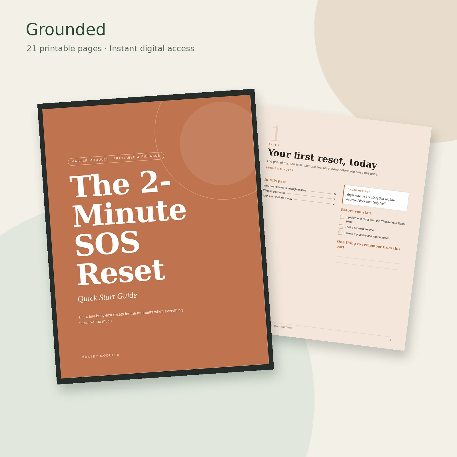 The 2-Minute SOS Reset quick start guide cover with a sample page