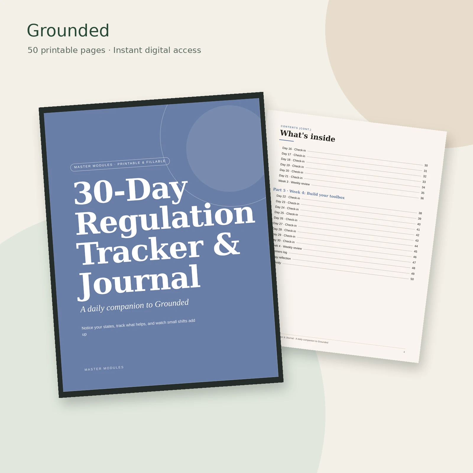 30-day regulation tracker and journal cover with a sample page