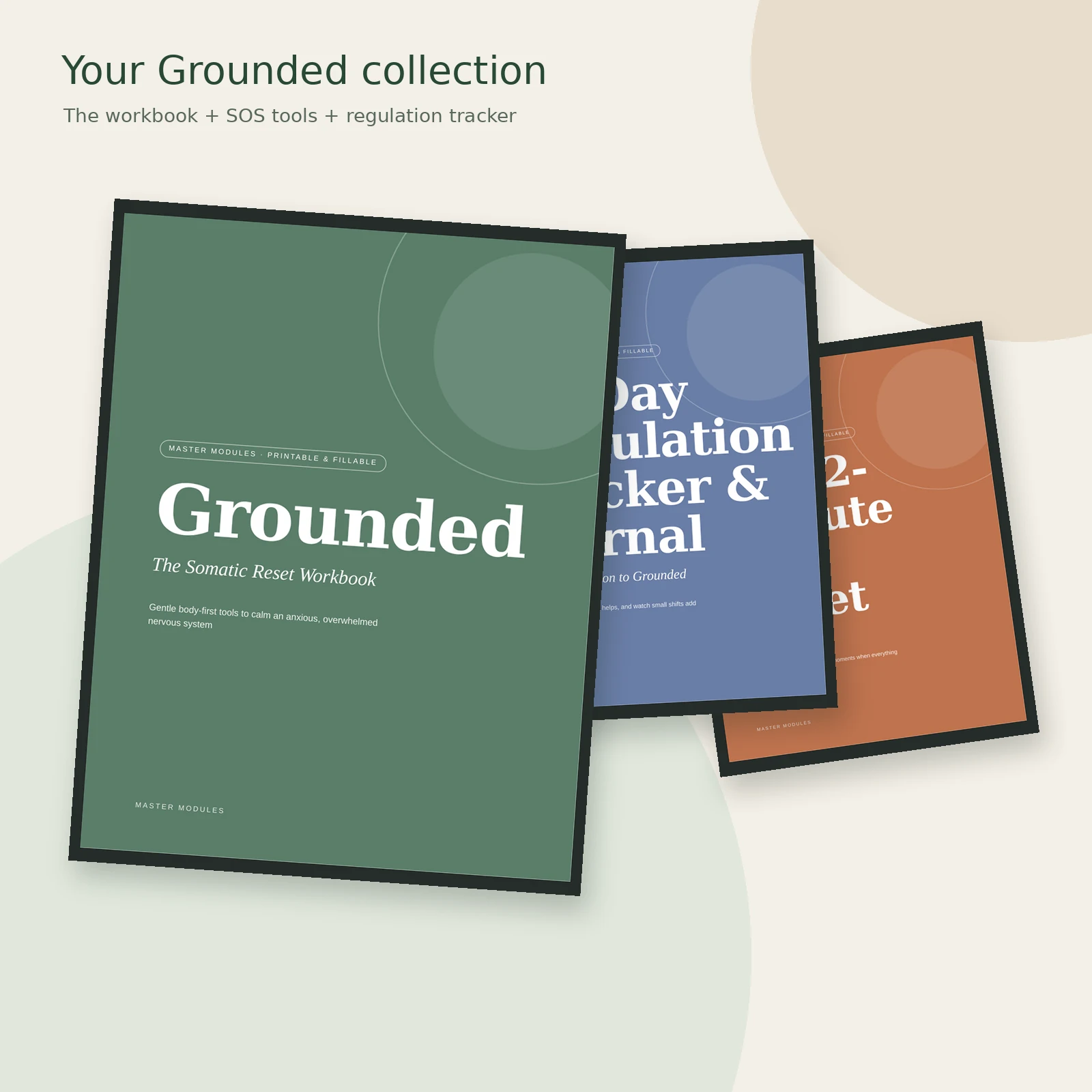 Grounded somatic workbook shown with its tracker and SOS reset tools