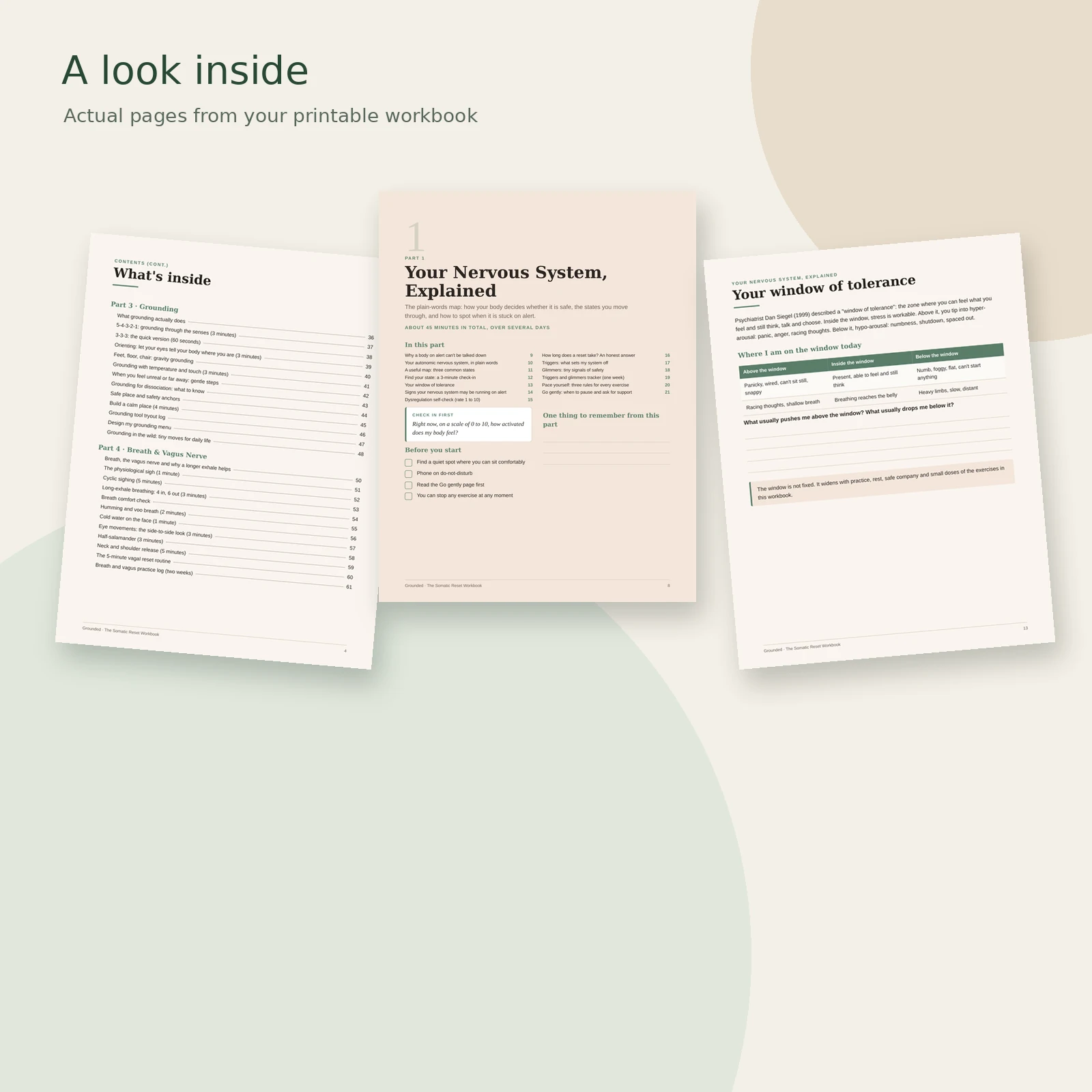 Sample pages from the Grounded somatic workbook, including a body awareness page