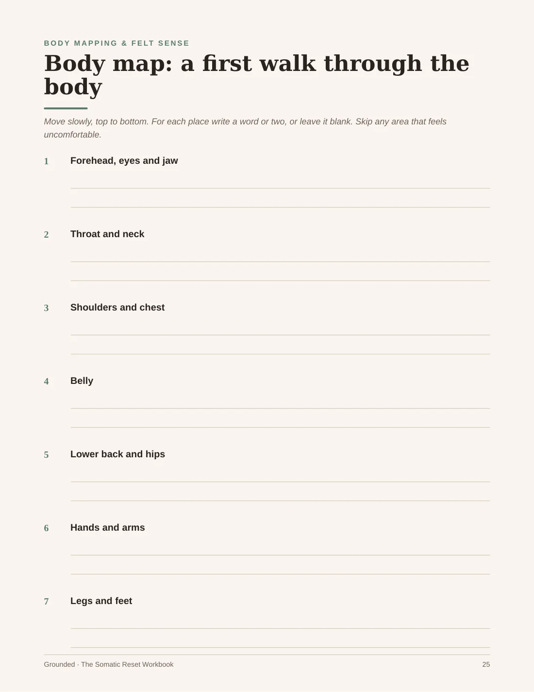 Beginner somatic exercise page from the Grounded workbook